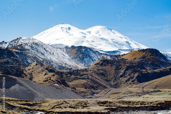 Obraz Landscape panorama Elbrus mountain with autumn hills
