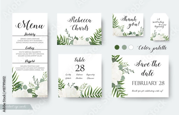Fototapeta Wedding cards floral design. Rsvp, menu, table number thank you, save the date guest card & label set. White garden rose peony flower, forest fern, green palm leaf, eucalyptus branch, greenery bouquet