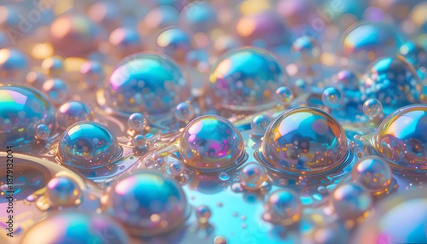 Obraz Vibrant iridescent bubbles floating on shimmering liquid surface