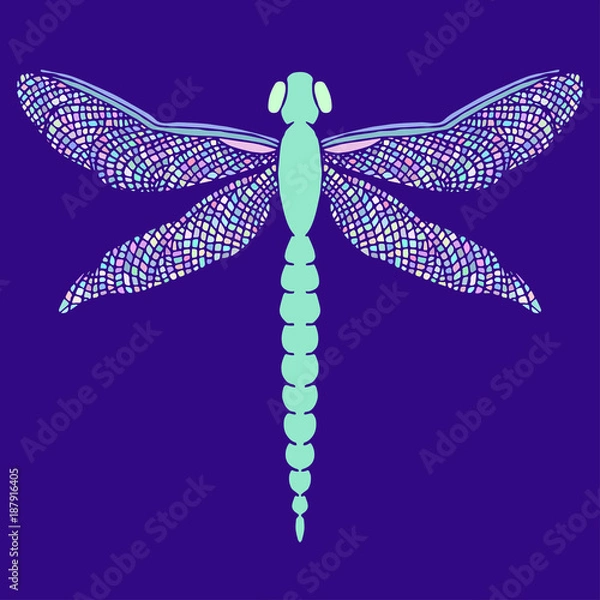 Obraz Beautiful dragonfly with colorful wings. Isolated on blue. Hand