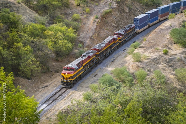 Obraz train passing by desert landscape
