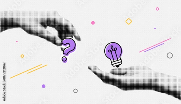 Obraz Idea creativity problem solution. Innovation concept question answer thinking brainstorming hands halftone background
