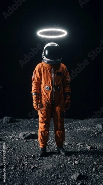 Obraz 宇宙の暗闇に立つ、天使の輪を持つ宇宙飛行士のシュールなコンセプト