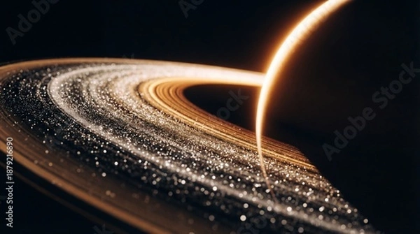 Obraz 宇宙空間に輝く黄金の惑星の環と粒子のクローズアップ