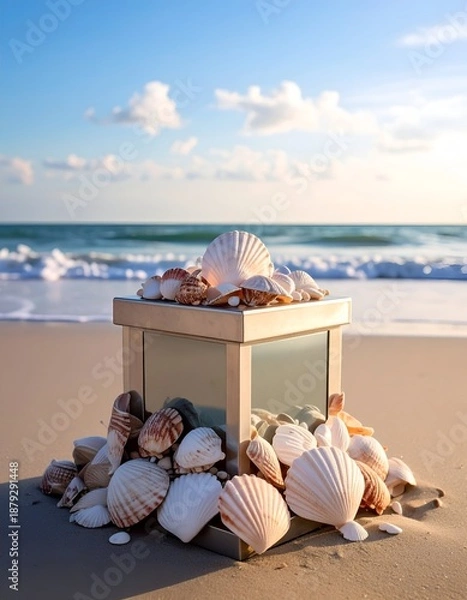 Obraz Seashells cascade around a box on a beach with ocean background