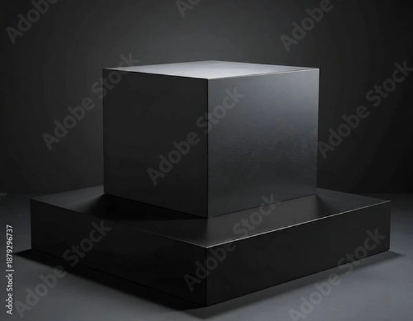 Obraz A dark geometric sculpture featuring a cube on a rectangular pedestal