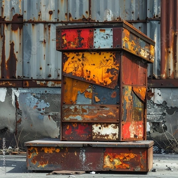 Obraz Weathered rectangular structure with rusted metal panels, outdoor setting