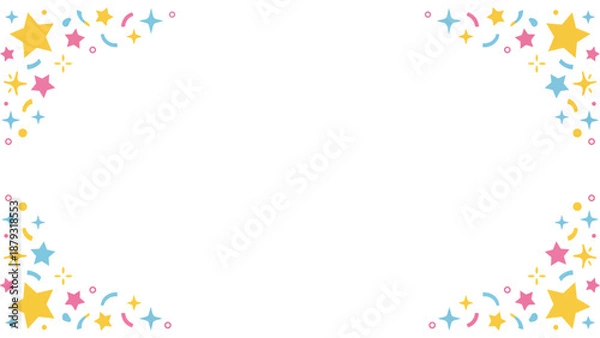 Obraz きらきらと輝くような星やポップな紙吹雪の幾何学模様が楽しいフレーム素材です。わくわくする明るい色彩は、パーティーの案内や子供向けのメッセージカードに最適。希望や幸福感あふれるデザインが、大切な言葉を彩ります。