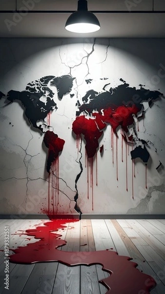 Fototapeta Bleeding World Map - A Stark Visual Commentary on Global Issues.