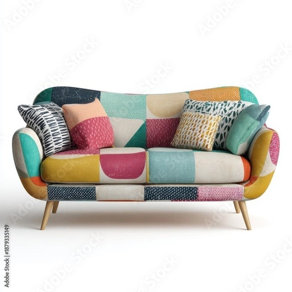 Obraz sofa with geometric shape cushions on blurred background