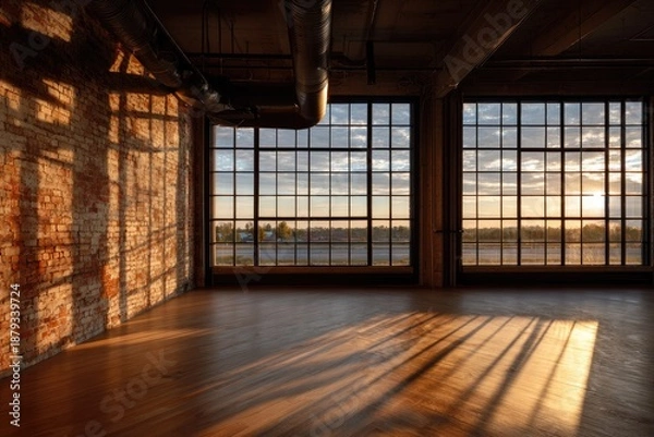 Obraz Sunlight streams through large windows, casting patterns on brick wall and floor