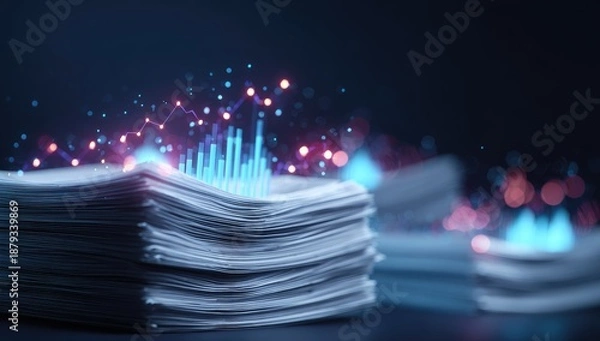 Obraz Data visualization over stacks of documents, glowing lines, and bar graphs