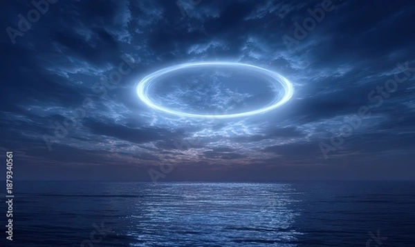 Obraz Ethereal blue ring hovers over calm ocean under dramatic sky