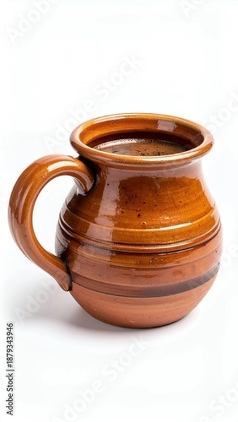 Obraz Rustic Brown Clay Mug with Handle on White Background.