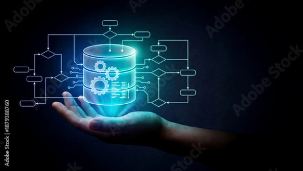 Obraz Hand Holding Glowing Database Server Structure with Data Flow Diagram on Dark Background