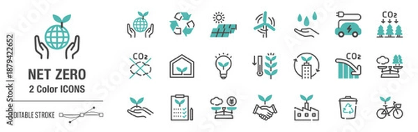 Obraz 抜け感のあるカジュアルな２色・アイコンセット｜ネットゼロ、カーボンニュートラル、カーボンオフセット　[線の編集可能]