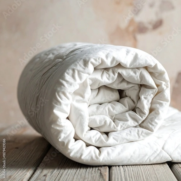 Obraz Rolled white quilt on rustic wood surface