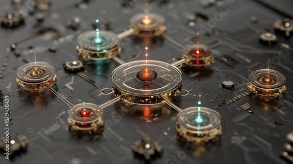 Fototapeta Advanced quantum computing processor with glowing golden circuits and interconnected nodes, futuristic technology concept