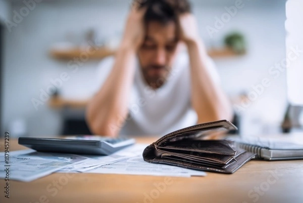 Obraz Stressed Man Checking Empty Wallet While Managing Household Bills