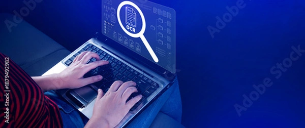 Fototapeta OCR technology concepts. using AI powered OCR with virtual interface, representing intelligent document scanning, text recognition, automation processing tools. not ai