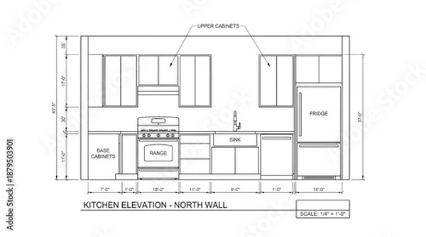 Obraz Detailed kitchen elevation plan with labeled appliances