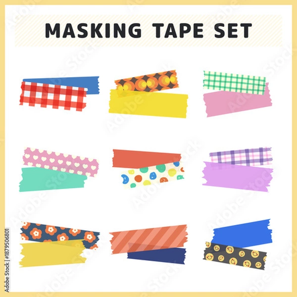 Obraz おしゃれな柄のカラフルなマスキングテープの素材セット 手帳デコや写真の装飾に使えるベクターイラスト チェック 水玉 ストライプ 花柄の装飾テープ