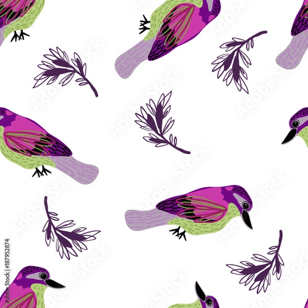 Obraz Seamless pattern with colorful birds and leaves.