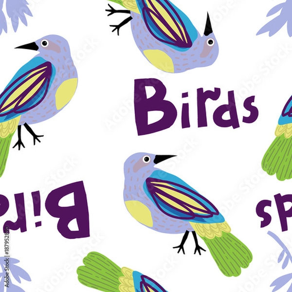 Fototapeta Seamless pattern with colorful birds and leaves.