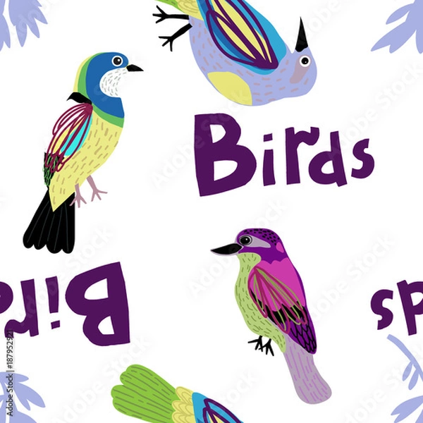 Fototapeta Seamless pattern with colorful birds and leaves.