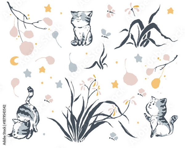 Obraz Adorable handdrawn cat elements with stars