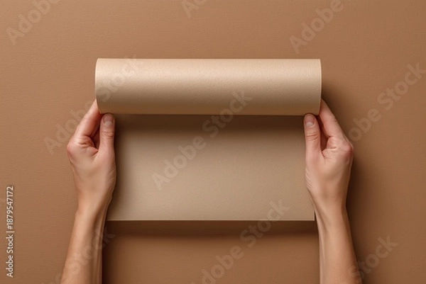 Obraz Hands unrolling blank brown paper sheet.