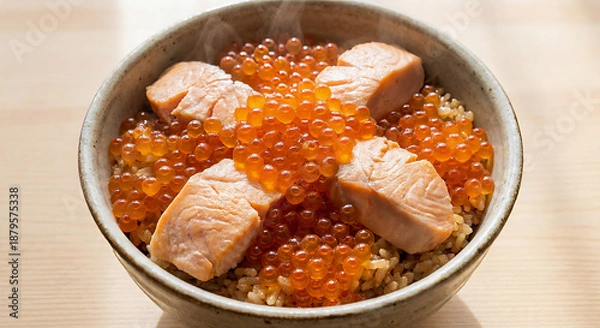 Obraz 湯気が立ち上る、鮭といくらが贅沢な宮城名物のはらこ飯