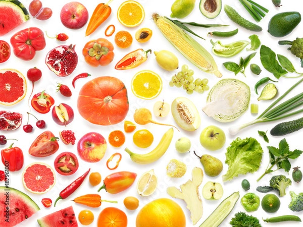 Fototapeta Food texture. pattern of various fresh vegetables and fruits isolated on white background, top view, flat lay. Composition of food.