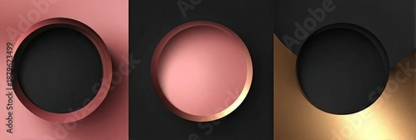 Fototapeta Three abstract design elements, featuring circular frames with gradient hues, and a dark center