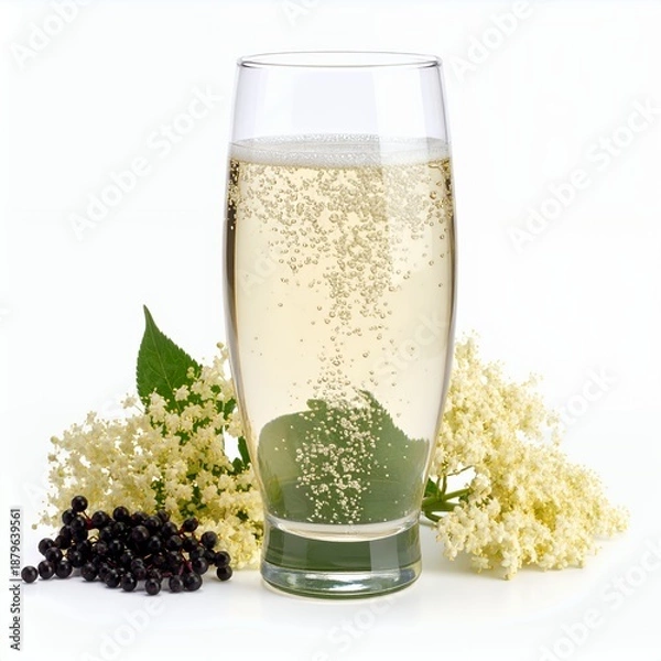 Obraz Refreshing elderflower drink presentation on white backdrop with floral elements
