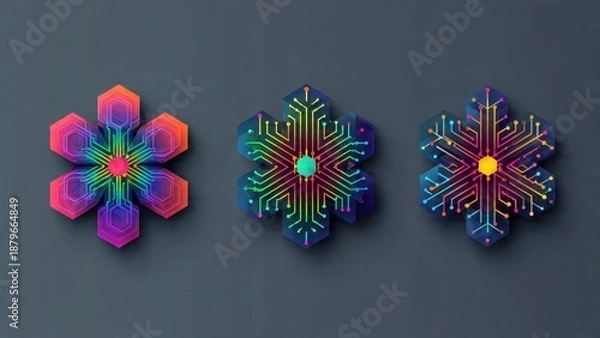 Obraz Three Digital Snowflakes on Dark Background