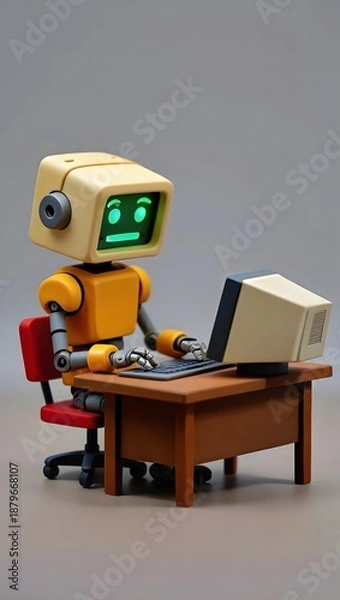 Obraz cute retro robot as AI chatbot typing on computer - generative AI 