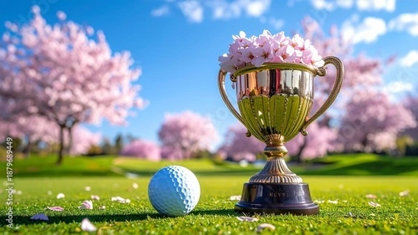 Obraz 春のゴルフ場 桜満開 トロフィーとゴルフボール 春コンペ