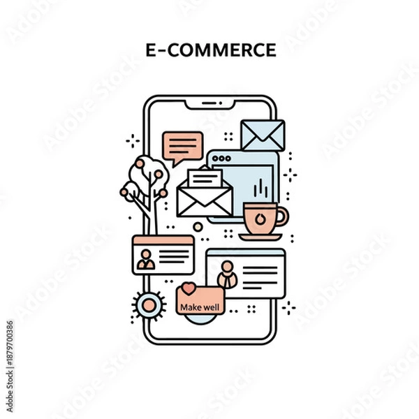 Obraz E-commerce Mobile App Interface with Business Icons and Notifications.