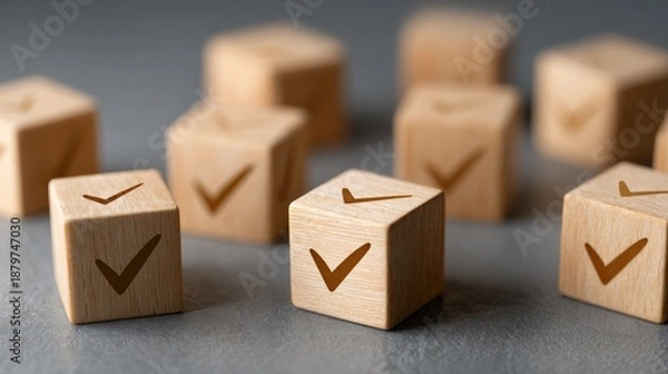 Obraz Scattered Wooden Checkmark Cubes Symbolizing Evaluation and Selection