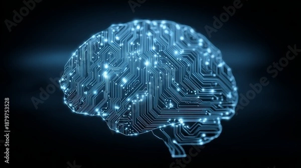 Obraz a blue digital brain with circuit patterns. artificial intelligence. data science. machine learning.