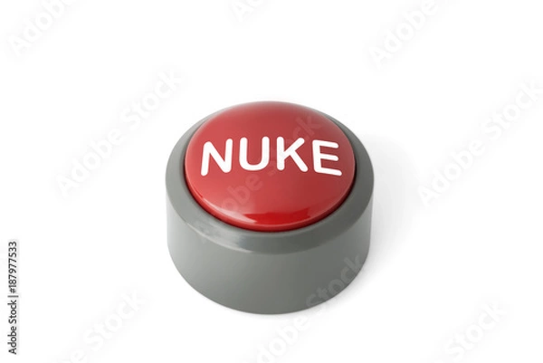 Fototapeta Red Circular Push Button Labeled 'Nuke' on White Background