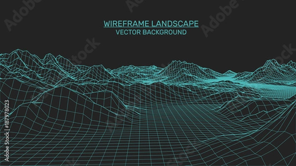 Fototapeta Abstract landscape background. Mesh structure. Polygonal wireframe background. 3d technology vector illustration