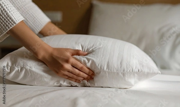 Obraz 枕を整える手のクローズアップ