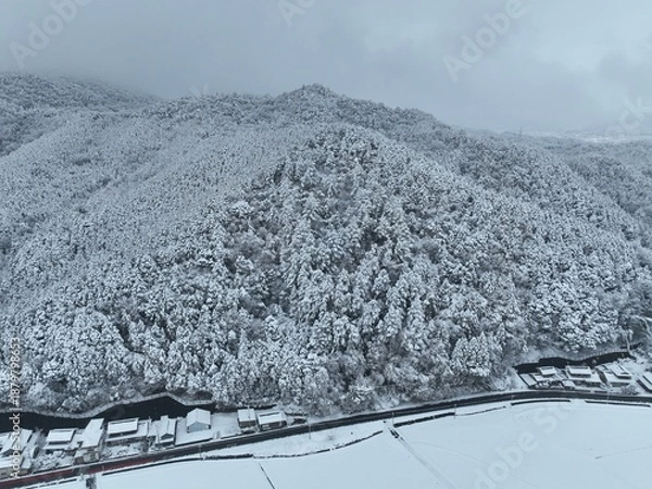 Obraz 岐阜市の彦坂の田舎の雪景色　ドローン空撮