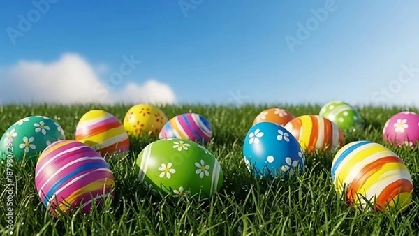 Obraz Colorful Easter eggs in green grass lawn Happy Easter