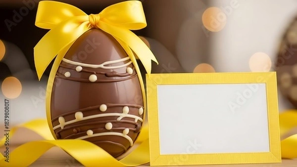 Obraz Decorated chocolate Easter egg with yellow ribbon and frame Happy Easter