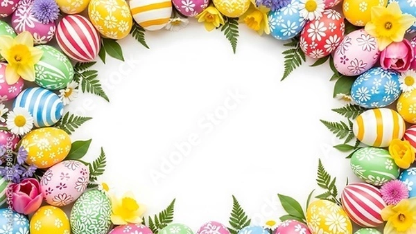 Obraz Easter eggs and flowers border on white background Happy Easter