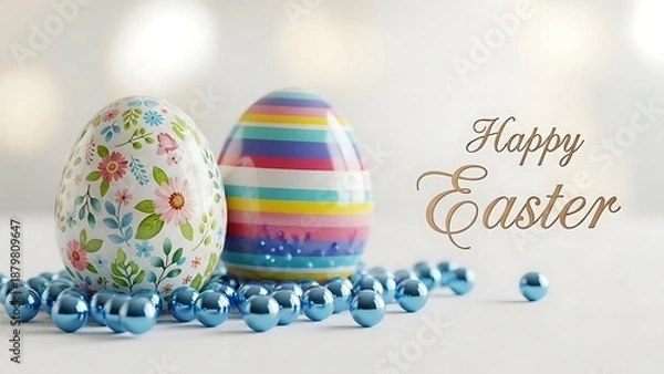Obraz Happy Easter eggs and blue beads decorated eggs Easter celebration