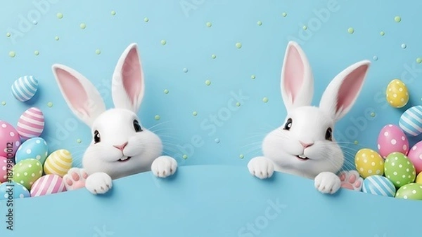 Obraz Two white Easter bunnies with Easter eggs white bunnies Happy Easter